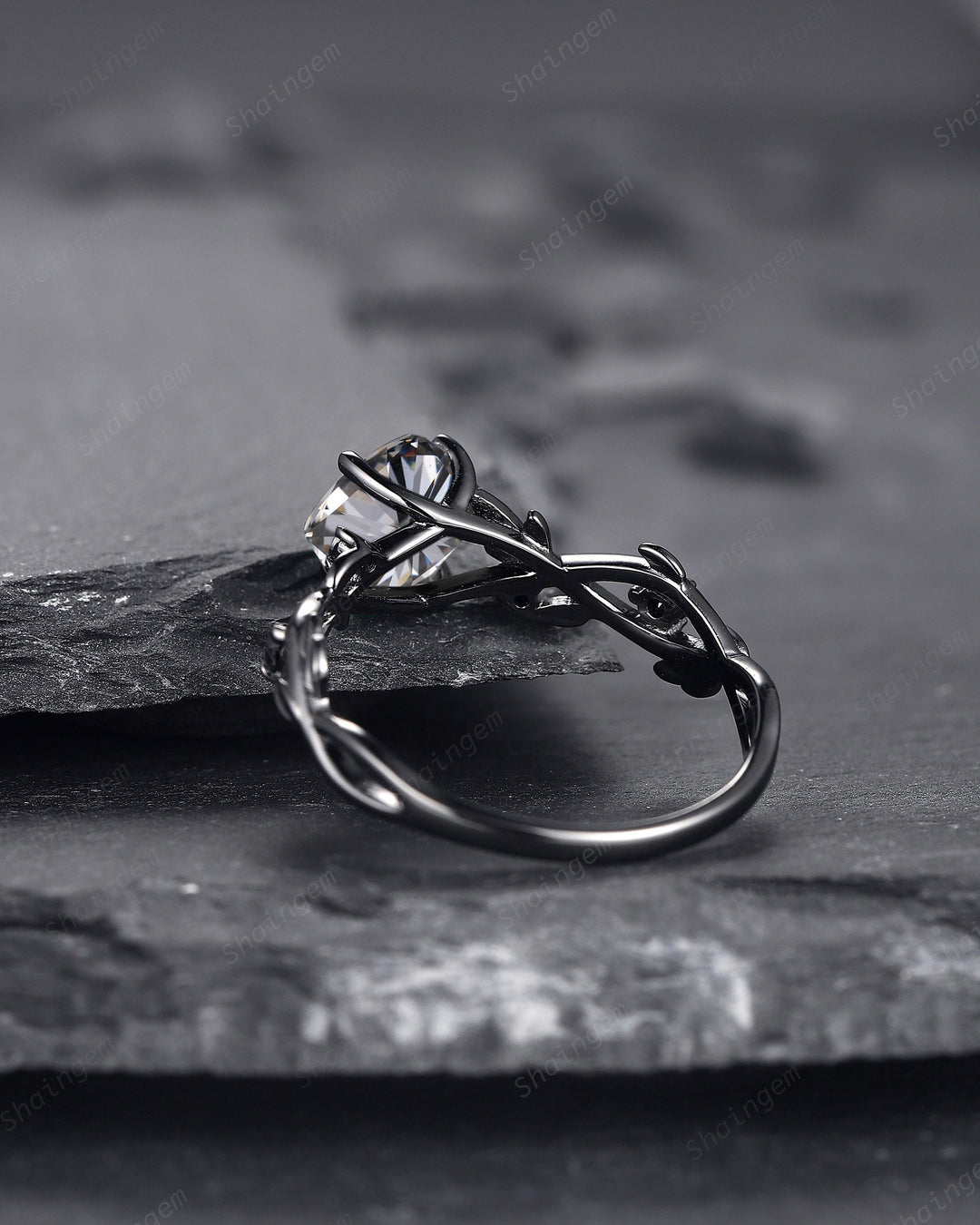Black Gold Cushion Cut Gray Moissanite Engagement Ring, Rhodium Black Leaf Bridal Ring, Black Promise Ring, Gothic Black Twig Wedding Ring - ShainJewelry