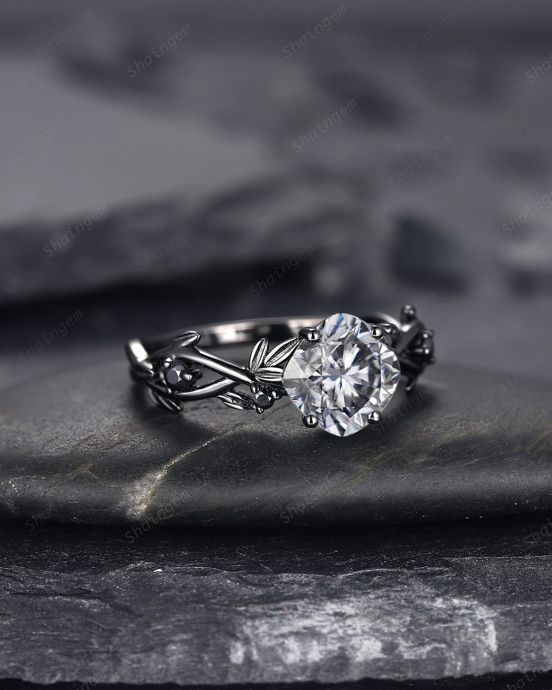 Black Gold Cushion Cut Gray Moissanite Engagement Ring, Rhodium Black Leaf Bridal Ring, Black Promise Ring, Gothic Black Twig Wedding Ring - ShainJewelry