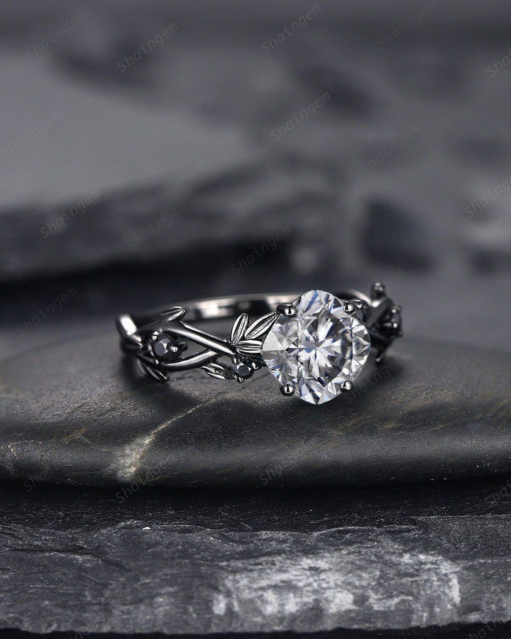 Black Gold Cushion Cut Gray Moissanite Engagement Ring, Rhodium Black Leaf Bridal Ring, Black Promise Ring, Gothic Black Twig Wedding Ring - ShainJewelry