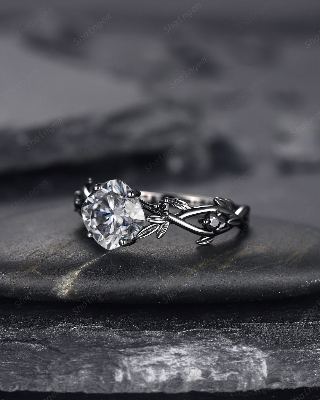 Black Gold Cushion Cut Gray Moissanite Engagement Ring, Rhodium Black Leaf Bridal Ring, Black Promise Ring, Gothic Black Twig Wedding Ring - ShainJewelry