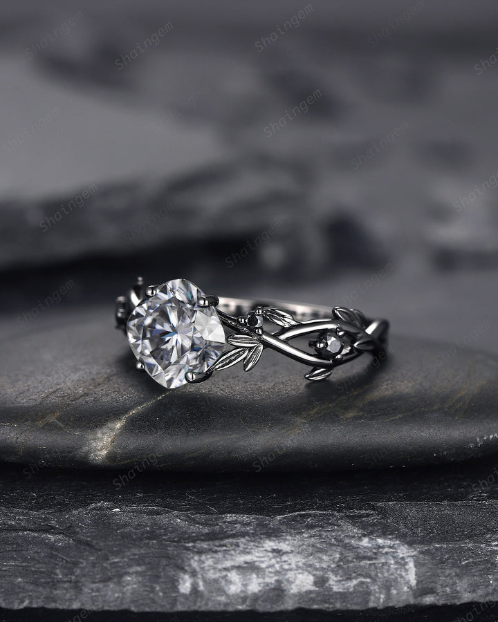 Black Gold Cushion Cut Gray Moissanite Engagement Ring, Rhodium Black Leaf Bridal Ring, Black Promise Ring, Gothic Black Twig Wedding Ring - ShainJewelry