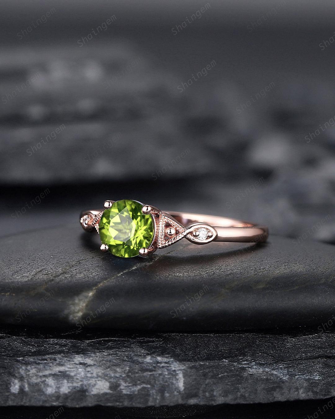 Vintage Round Cut Peridot Engagement Ring, Unique Peridot Promise Ring, Nature Inspired Peridot Wedding Ring, Rose Gold Ring Gift for Women - ShainJewelry