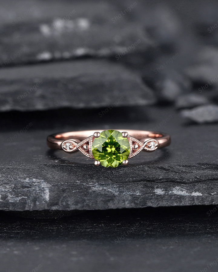 Vintage Round Cut Peridot Engagement Ring, Unique Peridot Promise Ring, Nature Inspired Peridot Wedding Ring, Rose Gold Ring Gift for Women - ShainJewelry