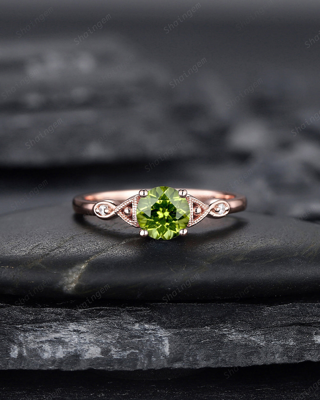Vintage Round Cut Peridot Engagement Ring, Unique Peridot Promise Ring, Nature Inspired Peridot Wedding Ring, Rose Gold Ring Gift for Women - ShainJewelry