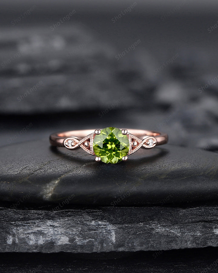 Vintage Round Cut Peridot Engagement Ring, Unique Peridot Promise Ring, Nature Inspired Peridot Wedding Ring, Rose Gold Ring Gift for Women - ShainJewelry