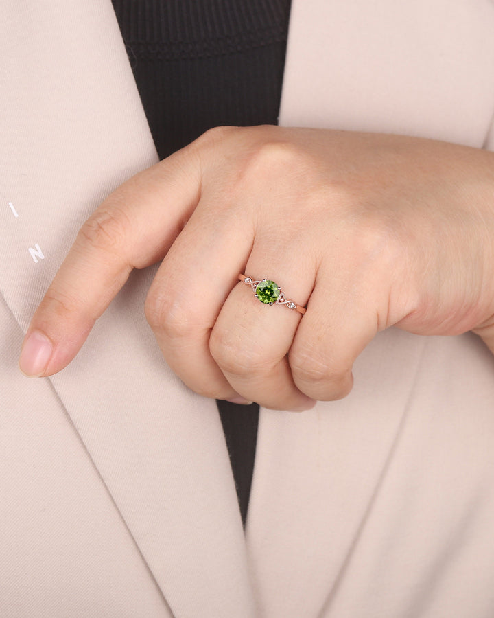Vintage Round Cut Peridot Engagement Ring, Unique Peridot Promise Ring, Nature Inspired Peridot Wedding Ring, Rose Gold Ring Gift for Women - ShainJewelry