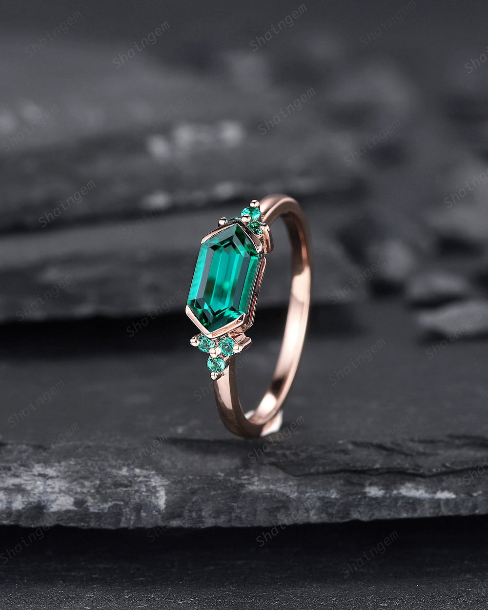 Vintage Long Hexagon Emerald Engagement Ring, Unique Rose Gold Emerald Cluster Wedding Ring, May Birthstone Promise Ring Gift For her - ShainJewelry