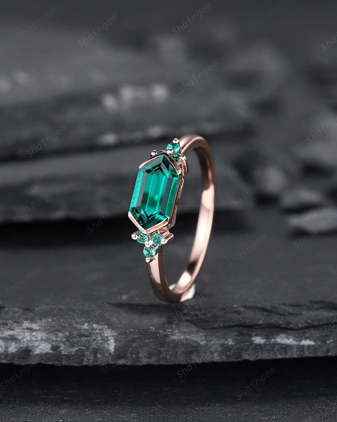 Vintage Long Hexagon Emerald Engagement Ring, Unique Rose Gold Emerald Cluster Wedding Ring, May Birthstone Promise Ring Gift For her - ShainJewelry