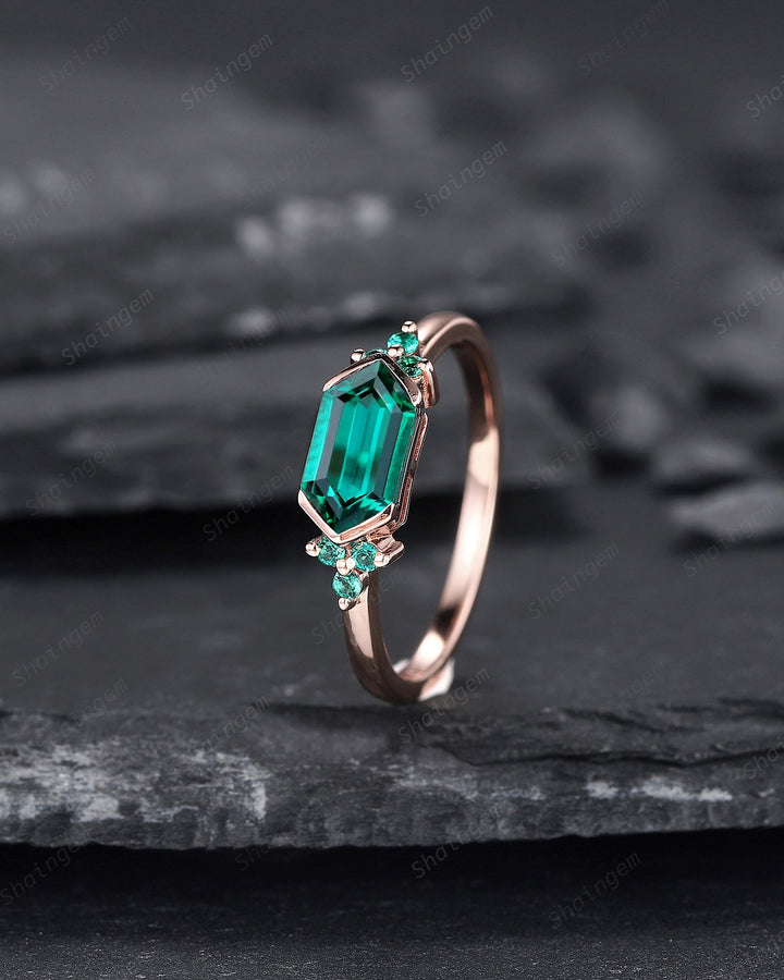 Vintage Long Hexagon Emerald Engagement Ring, Unique Rose Gold Emerald Cluster Wedding Ring, May Birthstone Promise Ring Gift For her - ShainJewelry