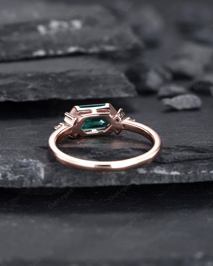 Vintage Long Hexagon Emerald Engagement Ring, Unique Rose Gold Emerald Cluster Wedding Ring, May Birthstone Promise Ring Gift For her - ShainJewelry