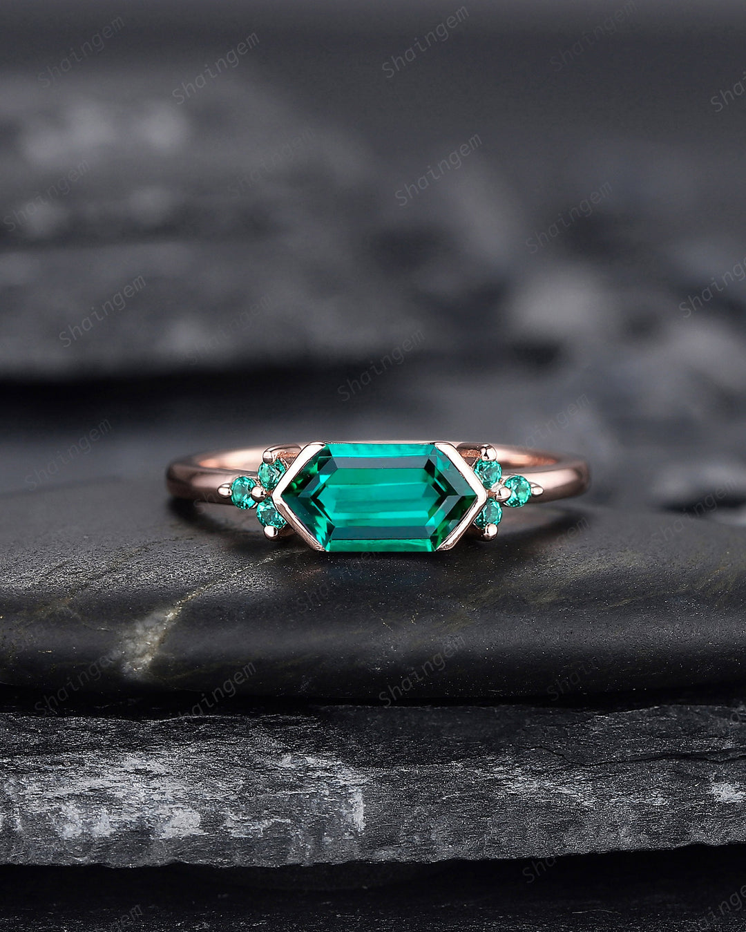 Vintage Long Hexagon Emerald Engagement Ring, Unique Rose Gold Emerald Cluster Wedding Ring, May Birthstone Promise Ring Gift For her - ShainJewelry
