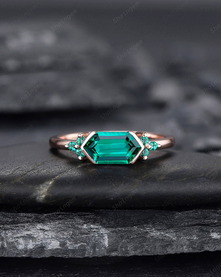 Vintage Long Hexagon Emerald Engagement Ring, Unique Rose Gold Emerald Cluster Wedding Ring, May Birthstone Promise Ring Gift For her - ShainJewelry