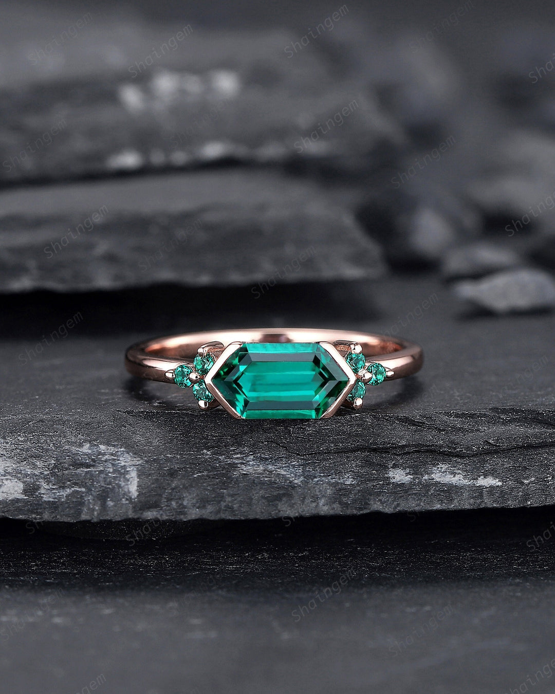 Vintage Long Hexagon Emerald Engagement Ring, Unique Rose Gold Emerald Cluster Wedding Ring, May Birthstone Promise Ring Gift For her - ShainJewelry