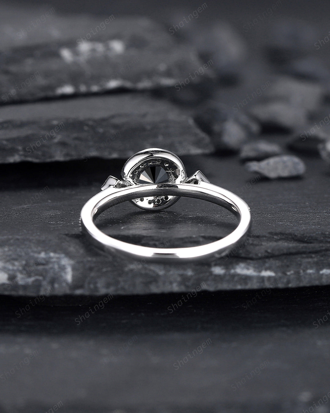 Natural Black Diamond Ring ,14K 18K White Gold 0.5 CT Round Cut Black Diamond Halo Promise Ring, Half Eternity Wedding Anniversary Ring Gift - ShainJewelry