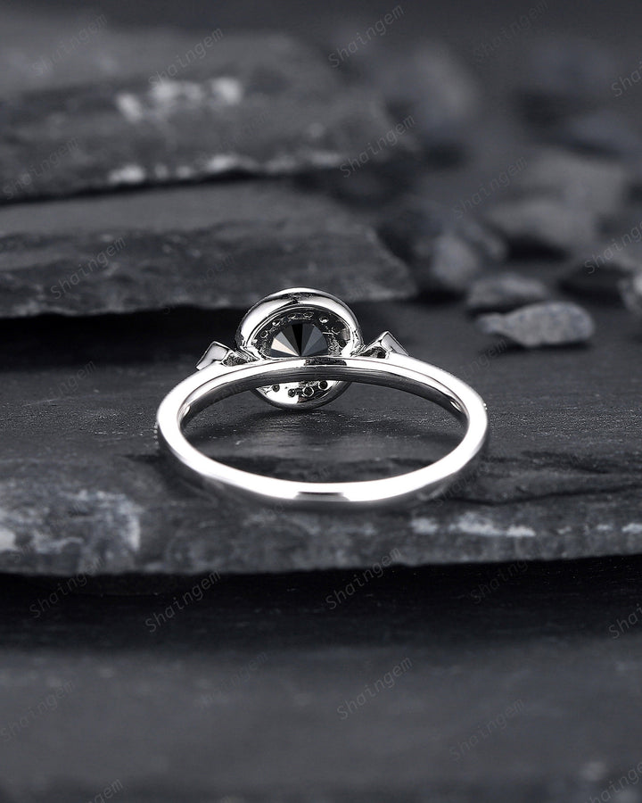 Natural Black Diamond Ring ,14K 18K White Gold 0.5 CT Round Cut Black Diamond Halo Promise Ring, Half Eternity Wedding Anniversary Ring Gift - ShainJewelry