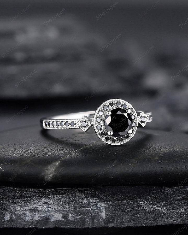 Natural Black Diamond Ring ,14K 18K White Gold 0.5 CT Round Cut Black Diamond Halo Promise Ring, Half Eternity Wedding Anniversary Ring Gift - ShainJewelry