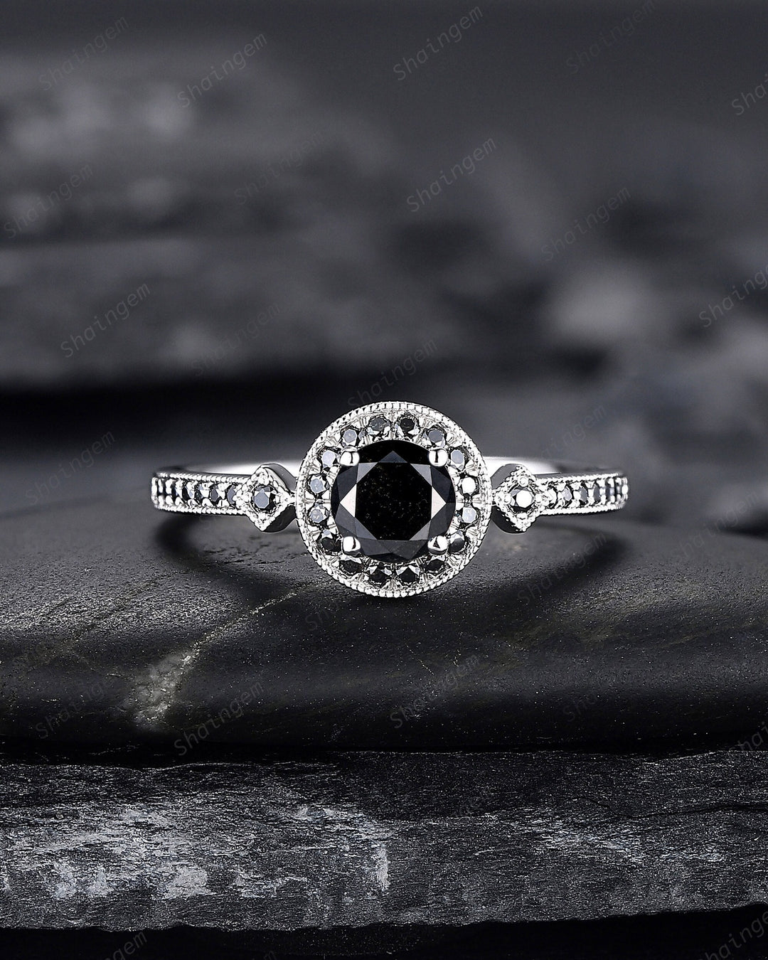 Natural Black Diamond Ring ,14K 18K White Gold 0.5 CT Round Cut Black Diamond Halo Promise Ring, Half Eternity Wedding Anniversary Ring Gift - ShainJewelry