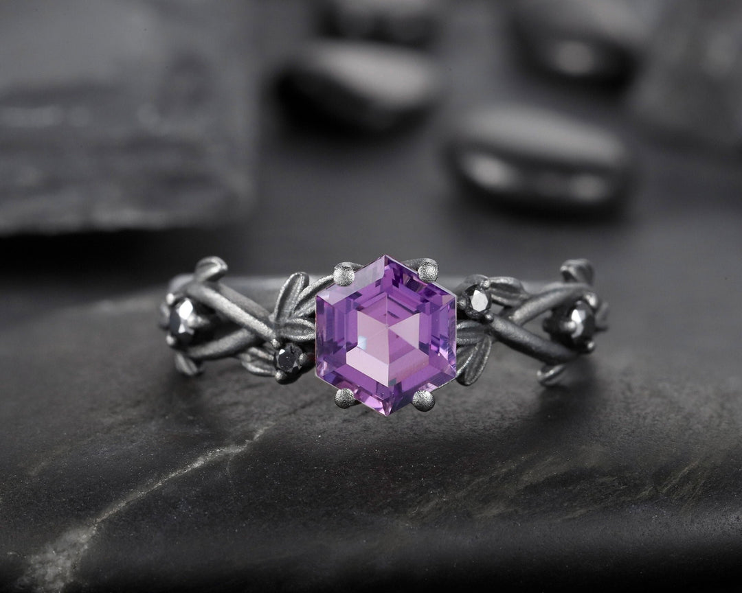 Black Gold Finish Hexagon Amethyst Engagement Ring, Rhodium Black Leaf Twig Branch 14K Black Gold Vermeil Dark Promise Anniversary Ring - ShainJewelry