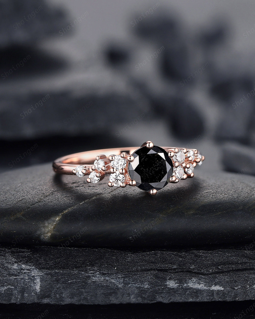6mm Round Cut Natural Black Diamond Engagement Ring ,14K 18K Rose Gold Diamond Snowdrift Promise Ring Cluster Wedding Anniversary Ring Gift - ShainJewelry