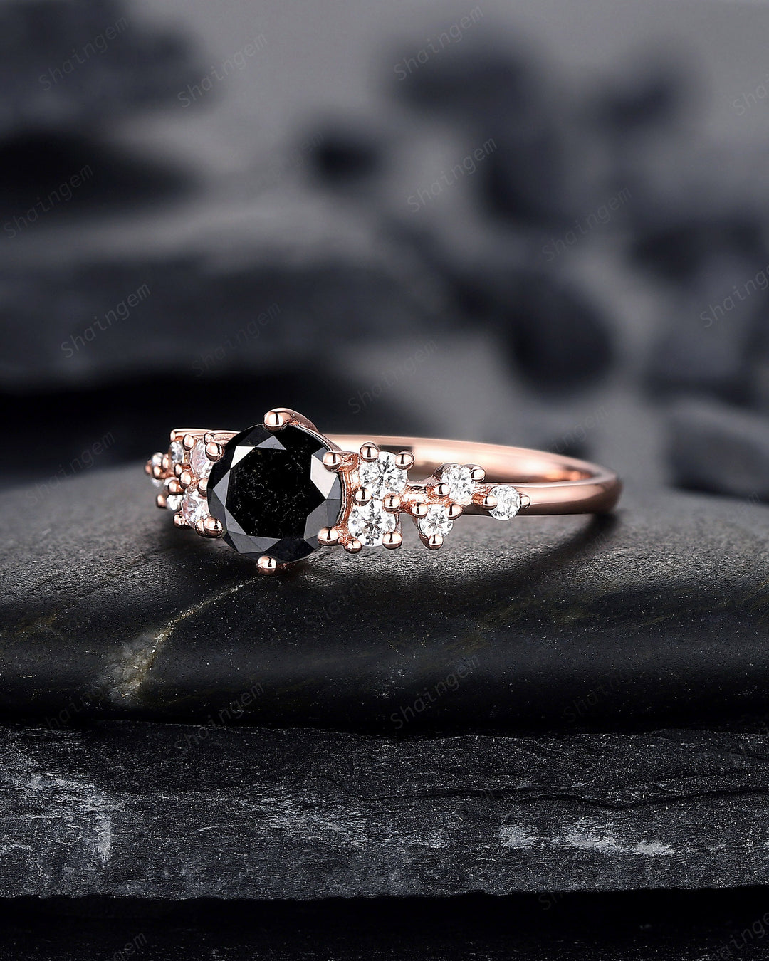 6mm Round Cut Natural Black Diamond Engagement Ring ,14K 18K Rose Gold Diamond Snowdrift Promise Ring Cluster Wedding Anniversary Ring Gift - ShainJewelry