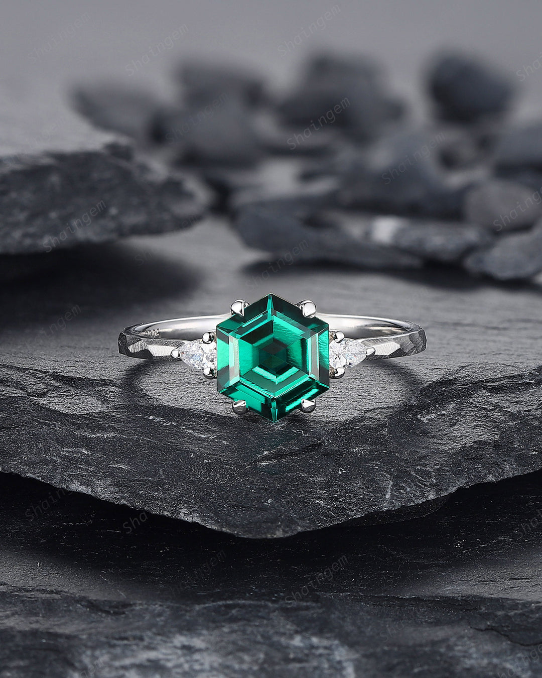 Unique Hammered Emerald Engagement Ring Set, Hand Forged 14K 18K White Gold Hexagon Cut Green Emerald Wedding Bridal Set ,Promise Ring Gift - ShainJewelry