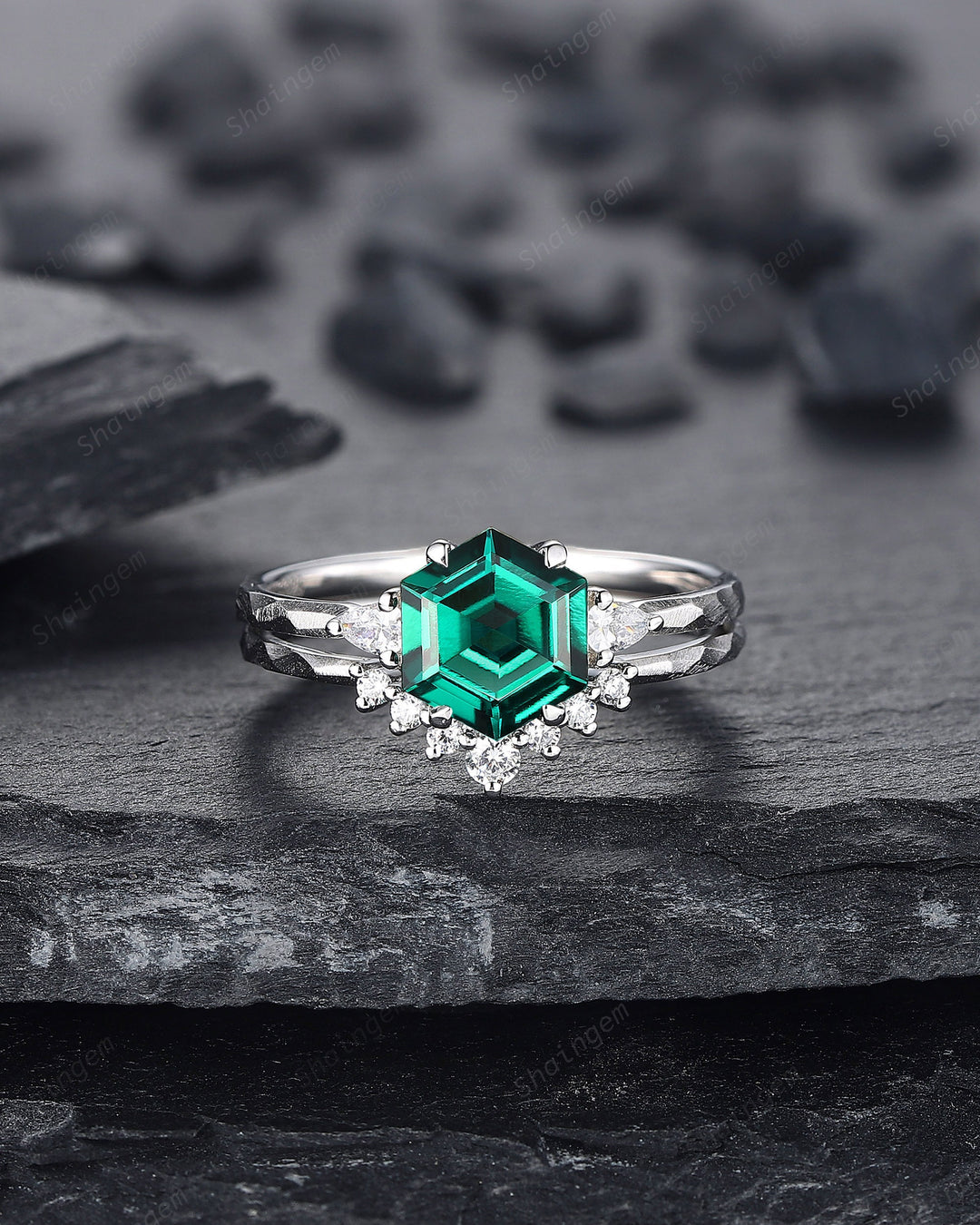 Unique Hammered Emerald Engagement Ring Set, Hand Forged 14K 18K White Gold Hexagon Cut Green Emerald Wedding Bridal Set ,Promise Ring Gift - ShainJewelry