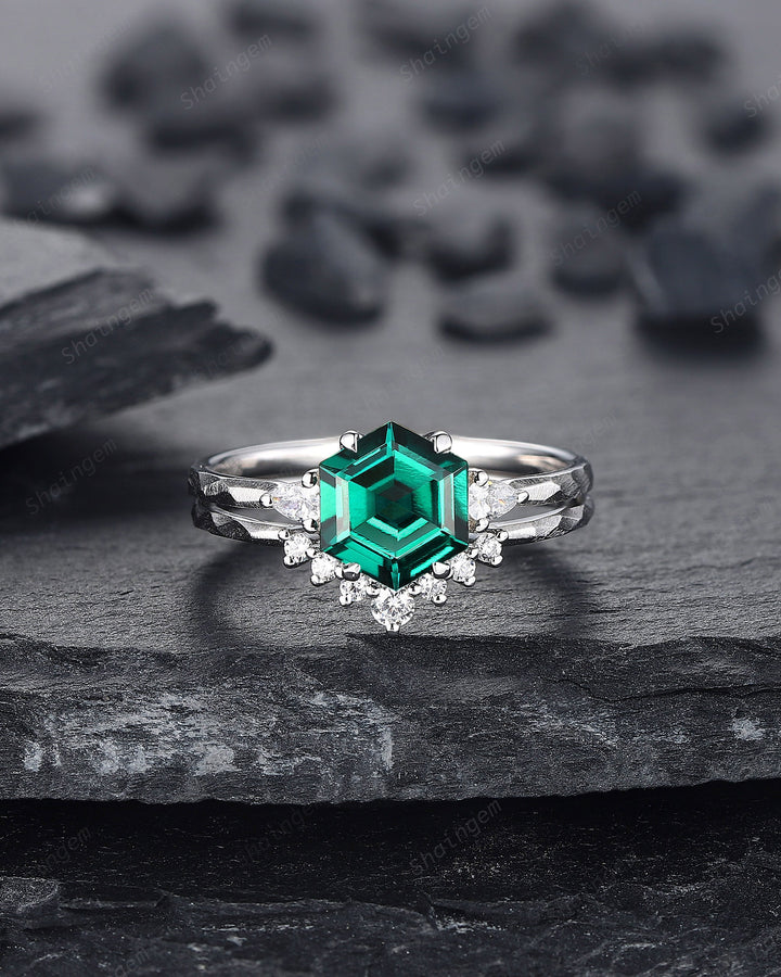 Unique Hammered Emerald Engagement Ring Set, Hand Forged 14K 18K White Gold Hexagon Cut Green Emerald Wedding Bridal Set ,Promise Ring Gift - ShainJewelry