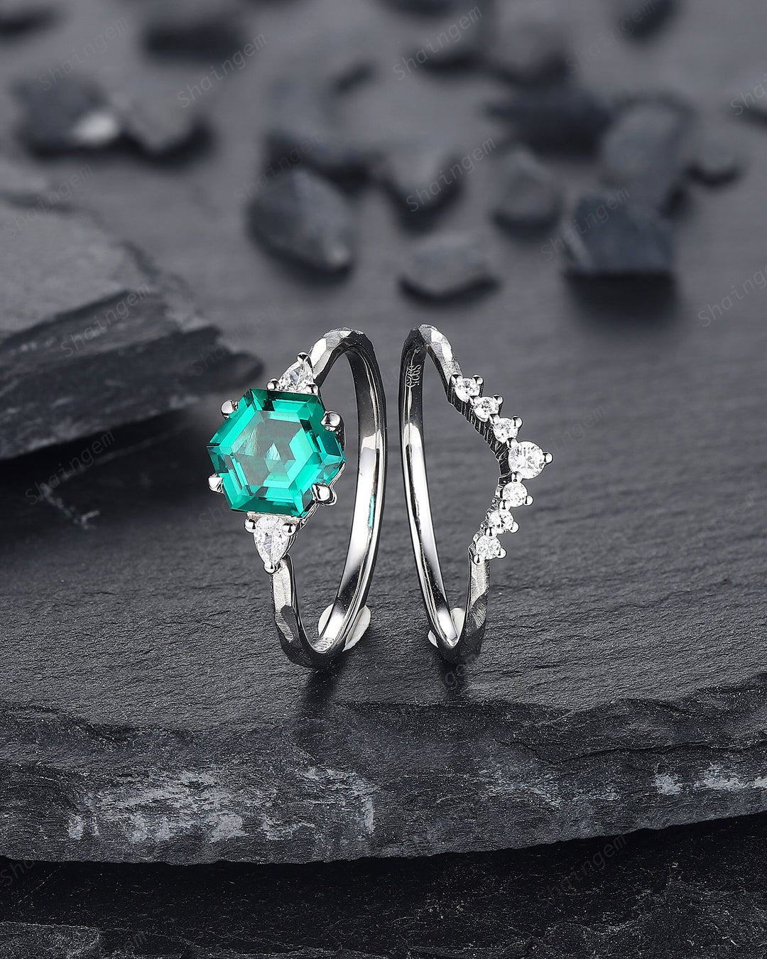 Unique Hammered Emerald Engagement Ring Set, Hand Forged 14K 18K White Gold Hexagon Cut Green Emerald Wedding Bridal Set ,Promise Ring Gift - ShainJewelry