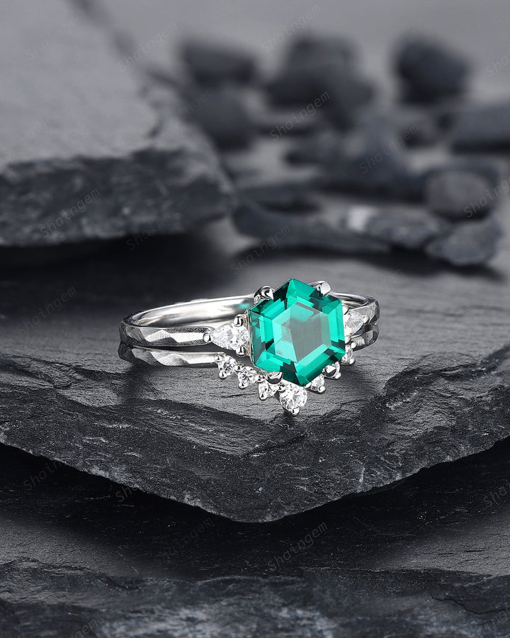 Unique Hammered Emerald Engagement Ring Set, Hand Forged 14K 18K White Gold Hexagon Cut Green Emerald Wedding Bridal Set ,Promise Ring Gift - ShainJewelry