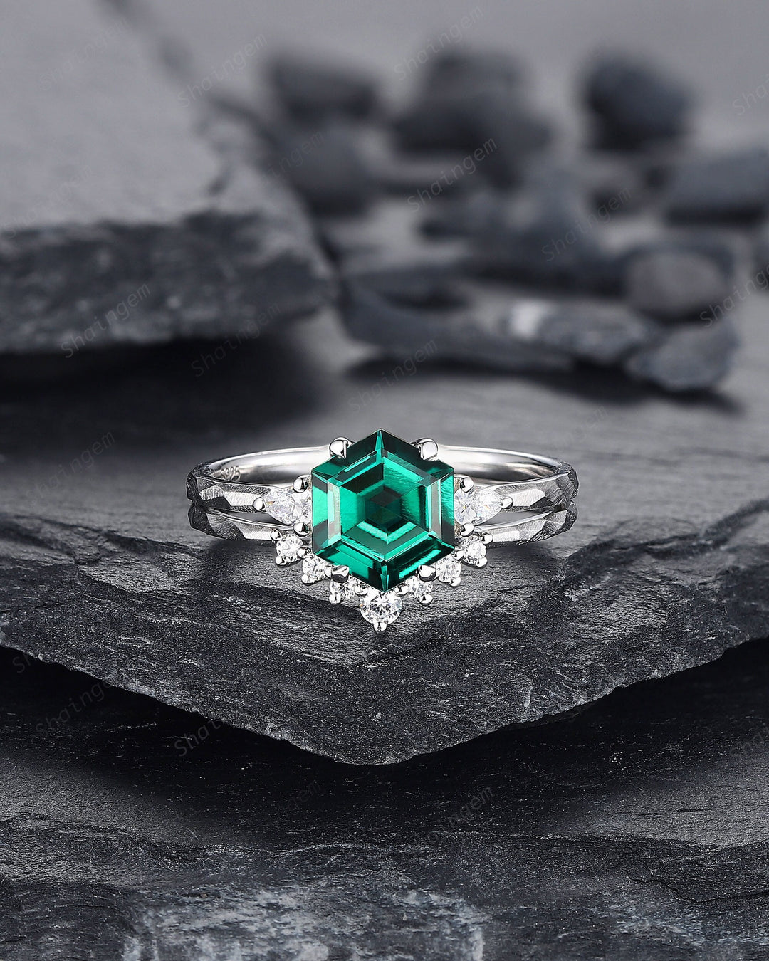 Unique Hammered Emerald Engagement Ring Set, Hand Forged 14K 18K White Gold Hexagon Cut Green Emerald Wedding Bridal Set ,Promise Ring Gift - ShainJewelry