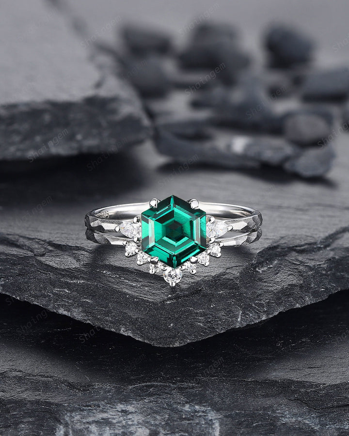 Unique Hammered Emerald Engagement Ring Set, Hand Forged 14K 18K White Gold Hexagon Cut Green Emerald Wedding Bridal Set ,Promise Ring Gift - ShainJewelry