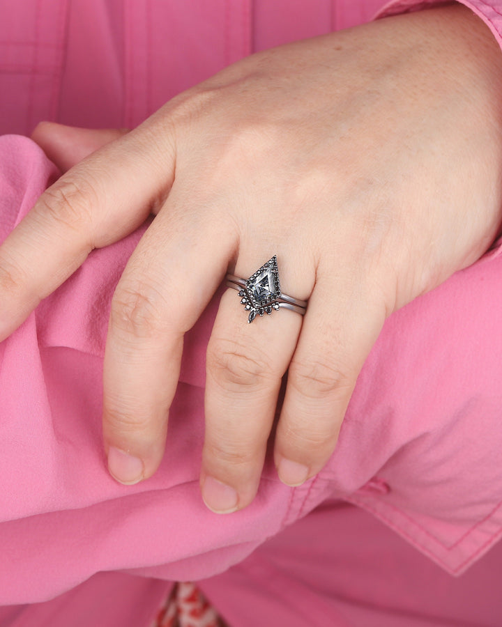 Black Gold Kite Shape Gray Moissanite Engagement Ring Set, Black Halo Promise Ring, Black Wedding Ring Set, V Shape Black Bridal Set for her - ShainJewelry
