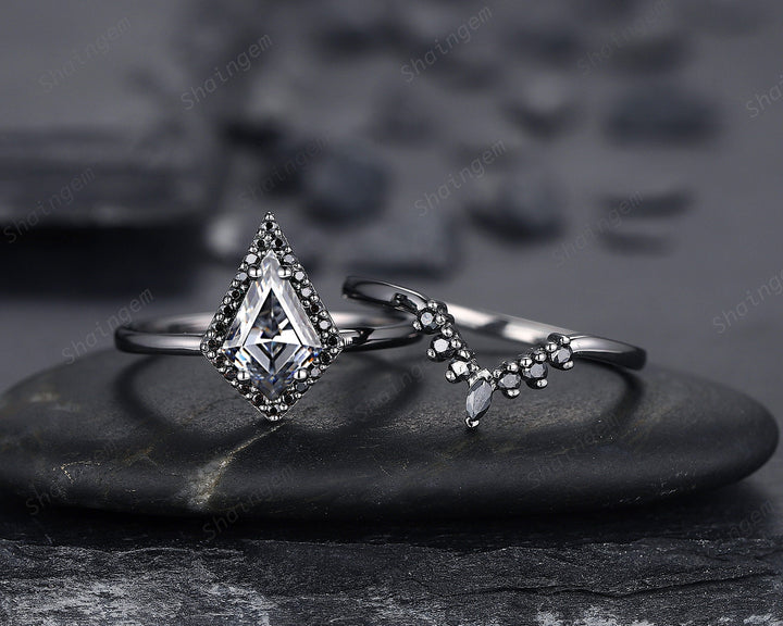 Black Gold Kite Shape Gray Moissanite Engagement Ring Set, Black Halo Promise Ring, Black Wedding Ring Set, V Shape Black Bridal Set for her - ShainJewelry
