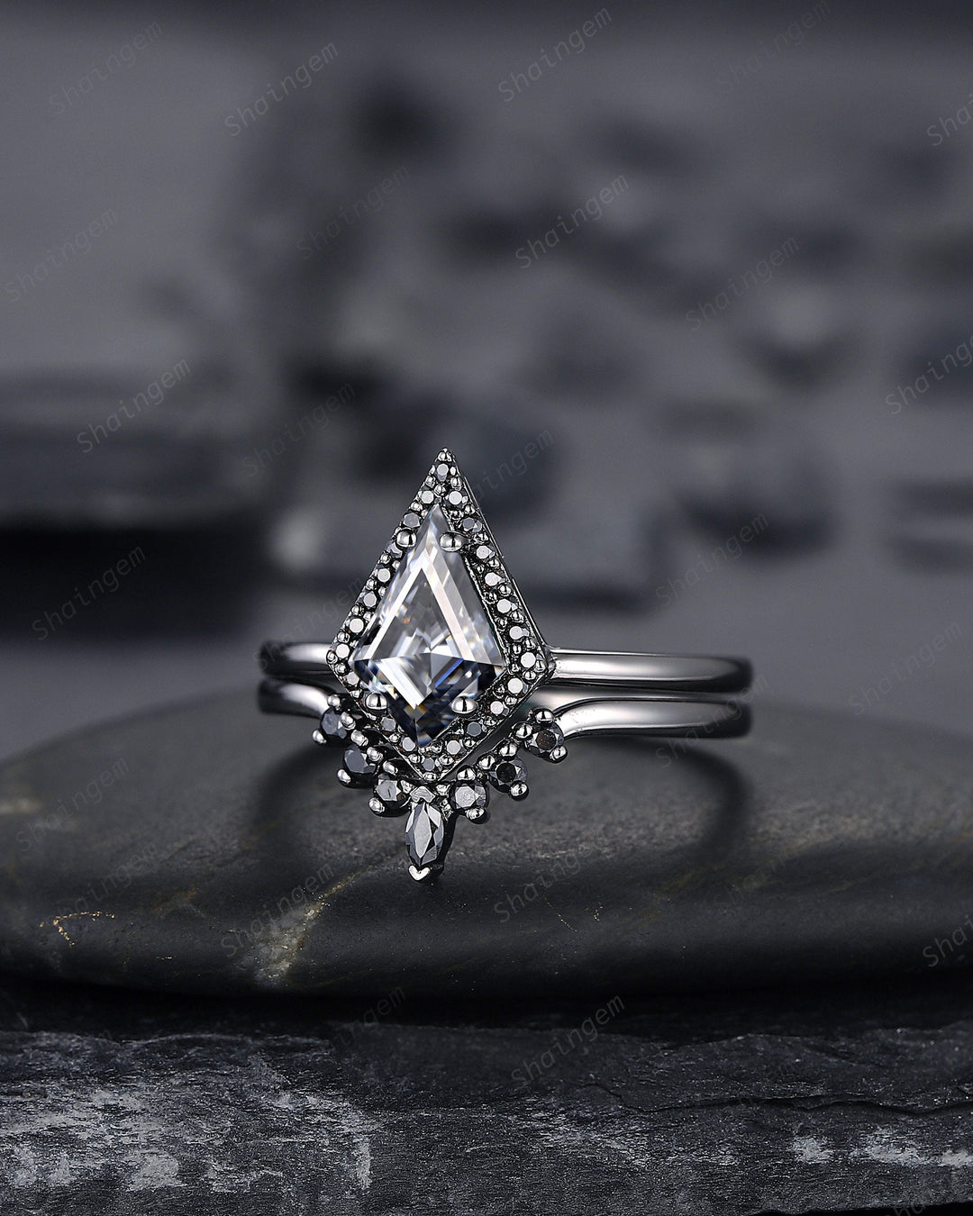 Black Gold Kite Shape Gray Moissanite Engagement Ring Set, Black Halo Promise Ring, Black Wedding Ring Set, V Shape Black Bridal Set for her - ShainJewelry