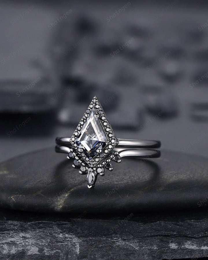 Black Gold Kite Shape Gray Moissanite Engagement Ring Set, Black Halo Promise Ring, Black Wedding Ring Set, V Shape Black Bridal Set for her - ShainJewelry