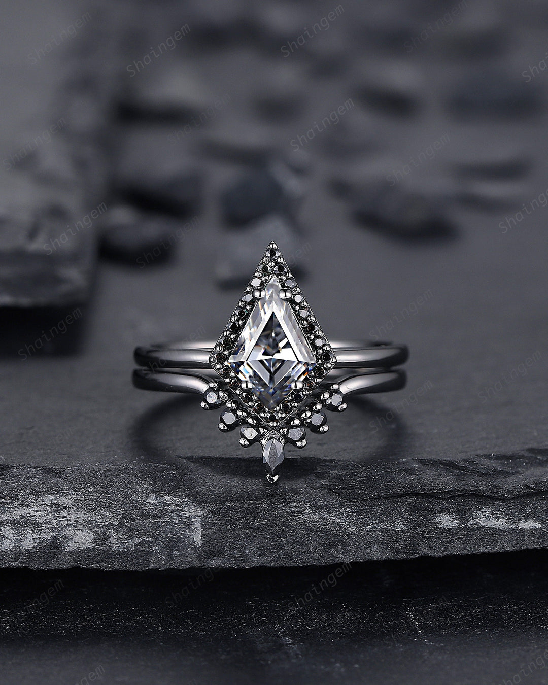 Black Gold Kite Shape Gray Moissanite Engagement Ring Set, Black Halo Promise Ring, Black Wedding Ring Set, V Shape Black Bridal Set for her - ShainJewelry