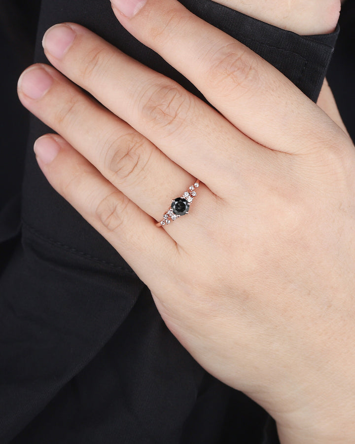0.5CT Black Diamond Engagement Ring ,14K Rose Gold Round Natural Black Diamond Snowdrift Promise Ring Cluster Anniversary Ring Gift - ShainJewelry