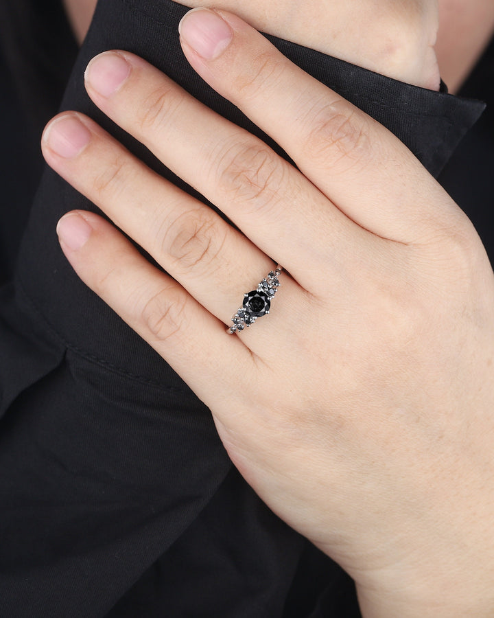 6mm Round Shape Natural Black Diamond Engagement Ring ,14K 18K White Gold Snowdrift Promise Ring, Cluster Wedding Anniversary Ring Gift - ShainJewelry