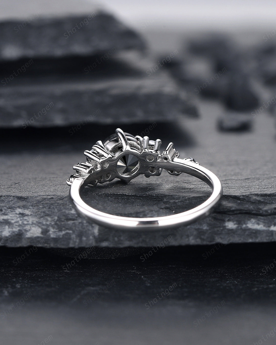 6mm Round Shape Natural Black Diamond Engagement Ring ,14K 18K White Gold Snowdrift Promise Ring, Cluster Wedding Anniversary Ring Gift - ShainJewelry