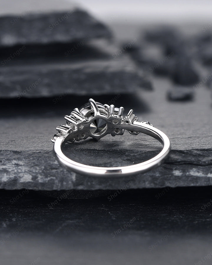 6mm Round Shape Natural Black Diamond Engagement Ring ,14K 18K White Gold Snowdrift Promise Ring, Cluster Wedding Anniversary Ring Gift - ShainJewelry