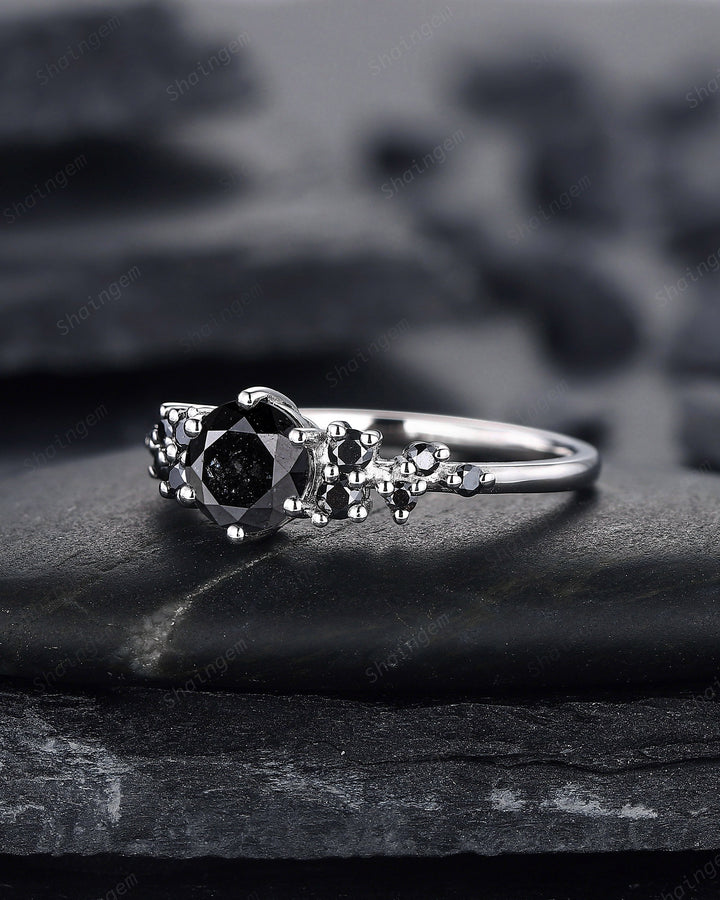 6mm Round Shape Natural Black Diamond Engagement Ring ,14K 18K White Gold Snowdrift Promise Ring, Cluster Wedding Anniversary Ring Gift - ShainJewelry