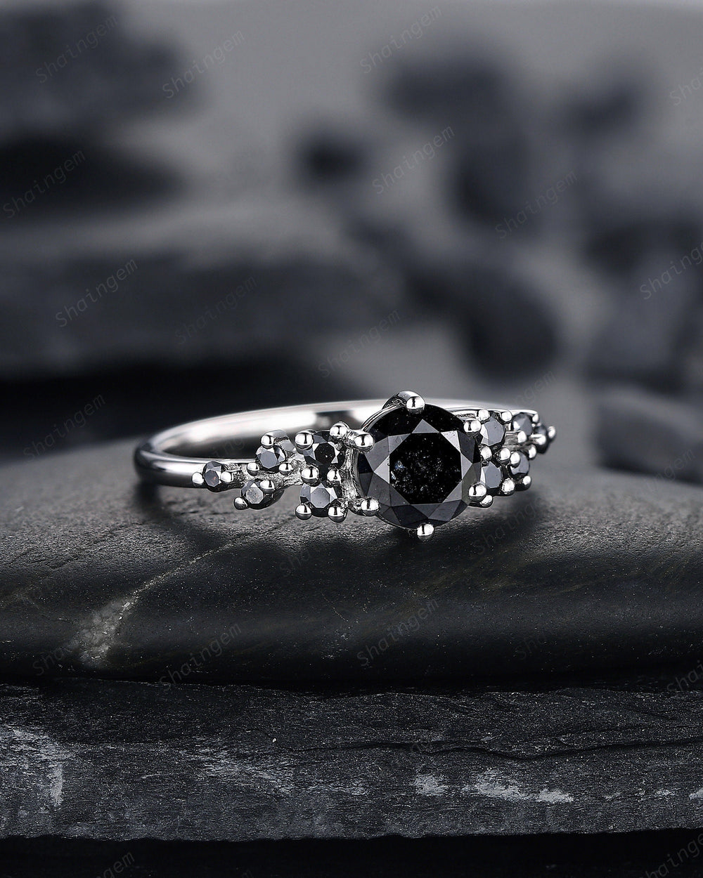 6mm Round Shape Natural Black Diamond Engagement Ring ,14K 18K White Gold Snowdrift Promise Ring, Cluster Wedding Anniversary Ring Gift - ShainJewelry