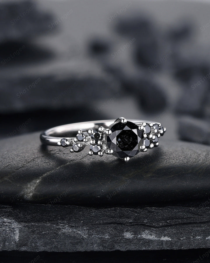 6mm Round Shape Natural Black Diamond Engagement Ring ,14K 18K White Gold Snowdrift Promise Ring, Cluster Wedding Anniversary Ring Gift - ShainJewelry