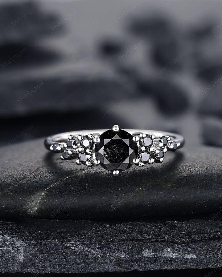 6mm Round Shape Natural Black Diamond Engagement Ring ,14K 18K White Gold Snowdrift Promise Ring, Cluster Wedding Anniversary Ring Gift - ShainJewelry