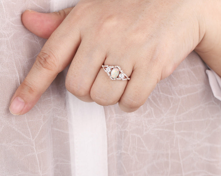 Vintage Oval Shape Natural Australian White Opal Engagement Ring, Unique 14K 18K Rose Gold Cluster Wedding Ring, Opal Promise Ring Gift - ShainJewelry