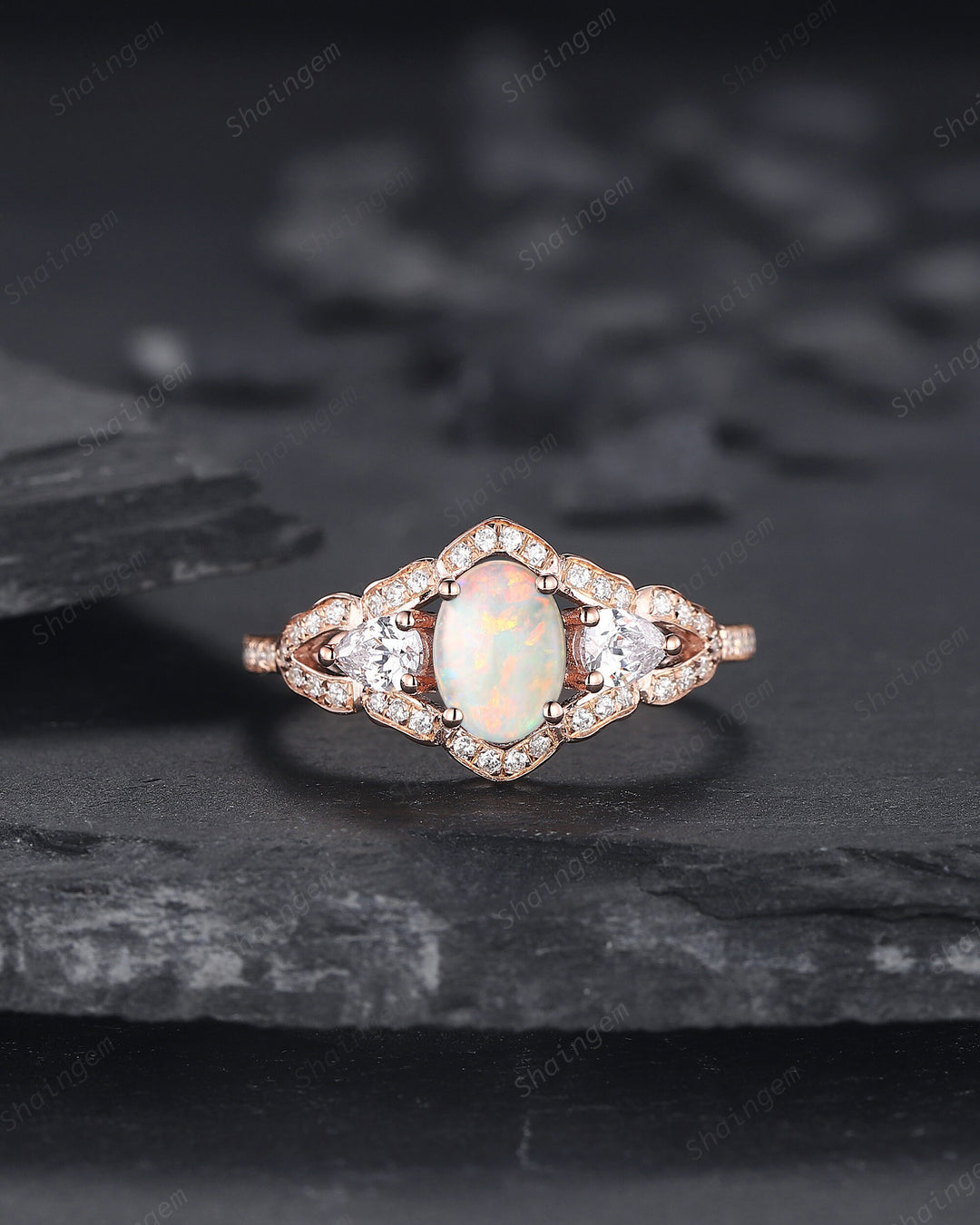 Vintage Oval Shape Natural Australian White Opal Engagement Ring, Unique 14K 18K Rose Gold Cluster Wedding Ring, Opal Promise Ring Gift - ShainJewelry