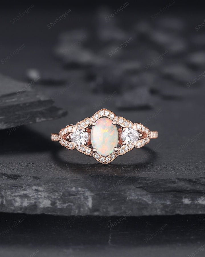Vintage Oval Shape Natural Australian White Opal Engagement Ring, Unique 14K 18K Rose Gold Cluster Wedding Ring, Opal Promise Ring Gift - ShainJewelry