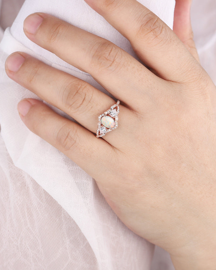 Vintage Oval Shape Natural Australian White Opal Engagement Ring, Unique 14K 18K Rose Gold Cluster Wedding Ring, Opal Promise Ring Gift - ShainJewelry