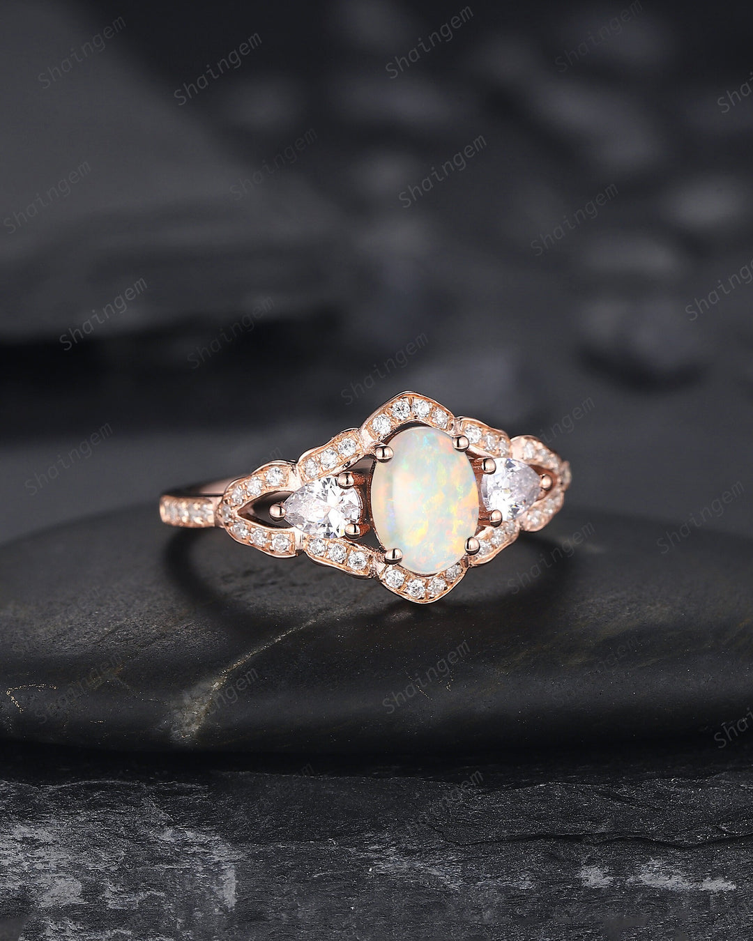 Vintage Oval Shape Natural Australian White Opal Engagement Ring, Unique 14K 18K Rose Gold Cluster Wedding Ring, Opal Promise Ring Gift - ShainJewelry