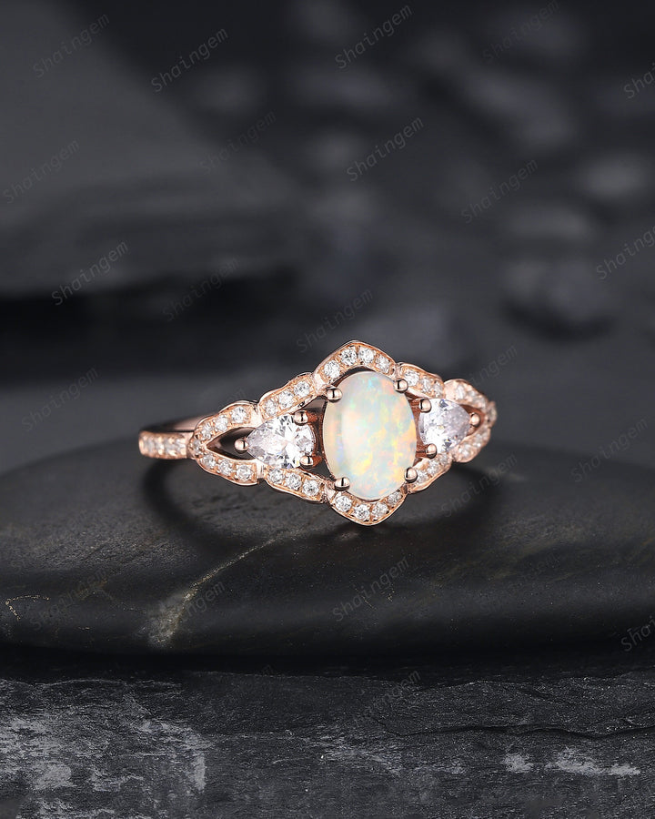 Vintage Oval Shape Natural Australian White Opal Engagement Ring, Unique 14K 18K Rose Gold Cluster Wedding Ring, Opal Promise Ring Gift - ShainJewelry
